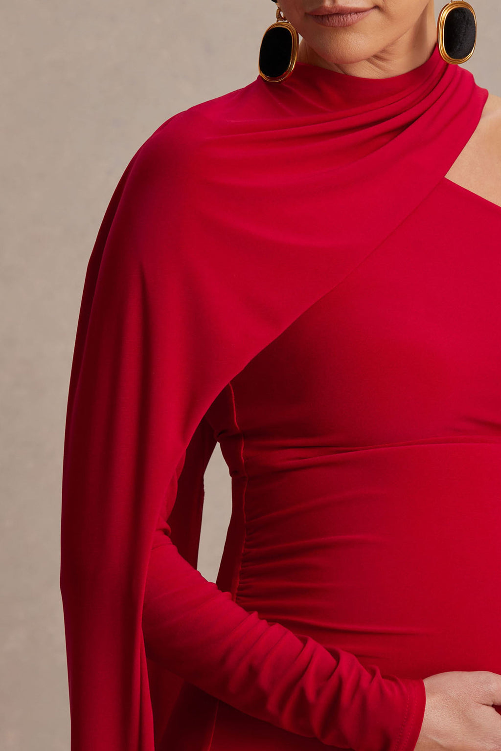 Driftly | Tessy Red Asymmetric-Neck Maternity Maxi Dress With Cape-Sleeve