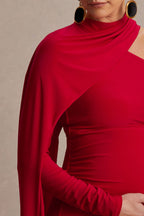 Driftly | Tessy Red Asymmetric-Neck Maternity Maxi Dress With Cape-Sleeve