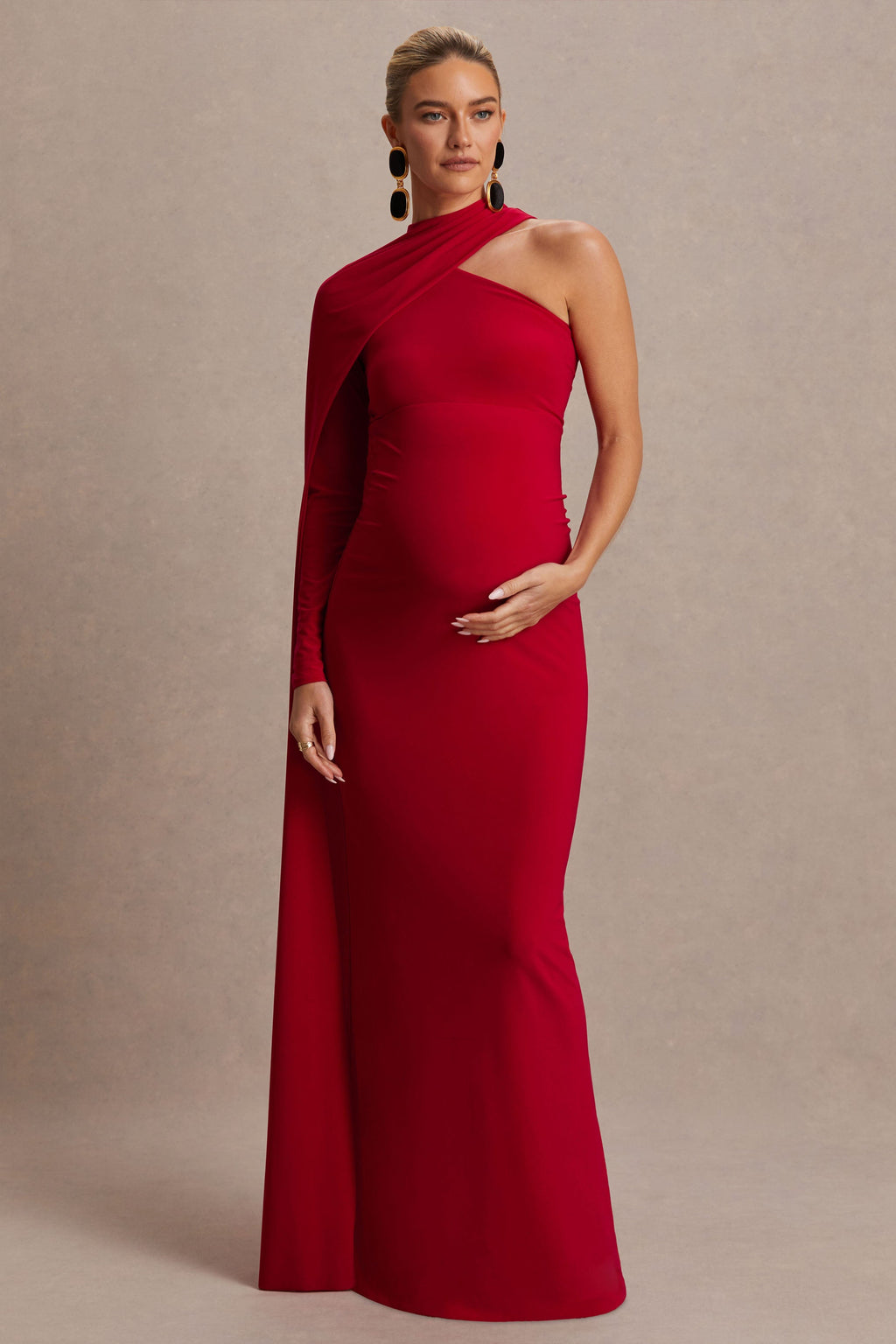 Driftly | Tessy Red Asymmetric-Neck Maternity Maxi Dress With Cape-Sleeve