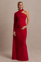 Driftly | Tessy Red Asymmetric-Neck Maternity Maxi Dress With Cape-Sleeve