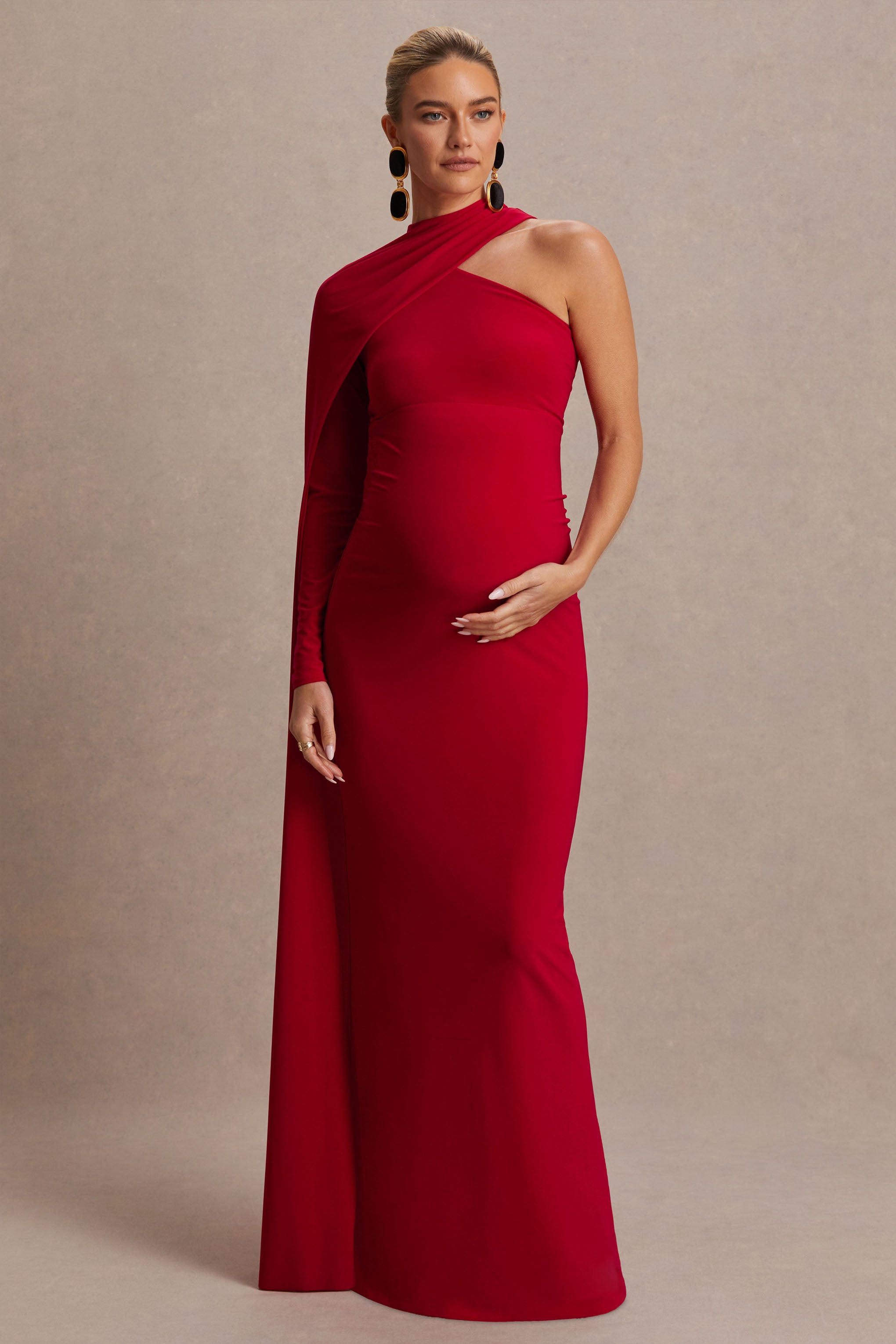 Driftly | Tessy Red Asymmetric-Neck Maternity Maxi Dress With Cape-Sleeve