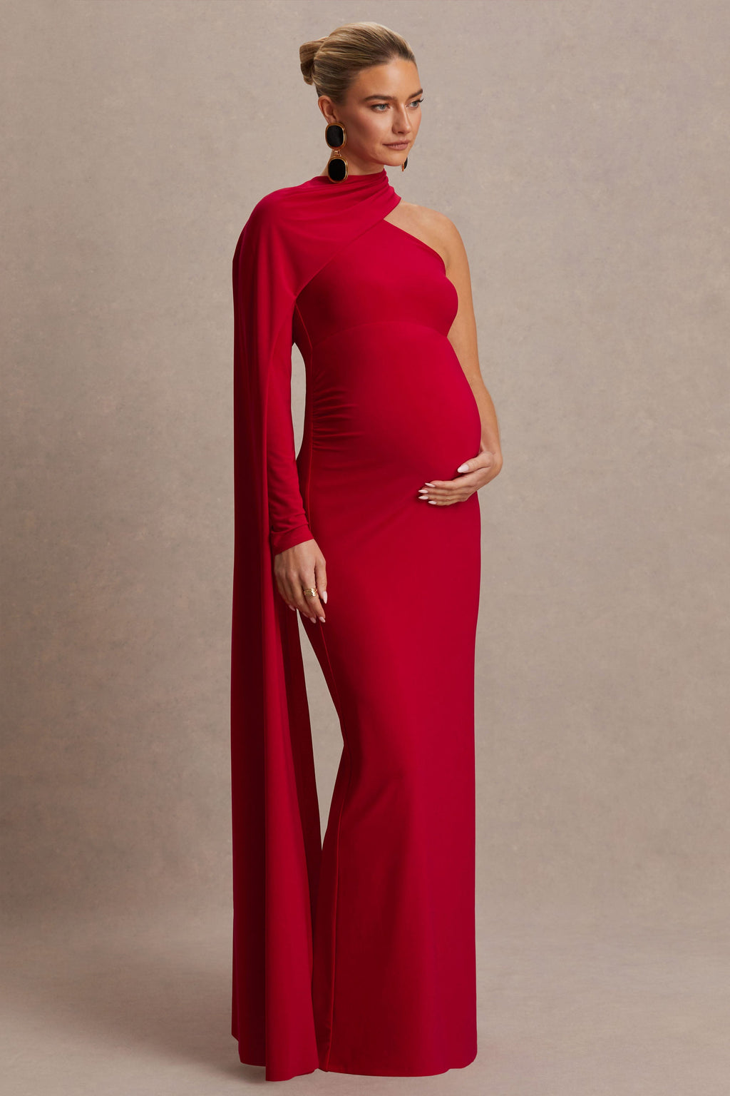 Driftly | Tessy Red Asymmetric-Neck Maternity Maxi Dress With Cape-Sleeve