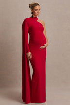 Driftly | Tessy Red Asymmetric-Neck Maternity Maxi Dress With Cape-Sleeve