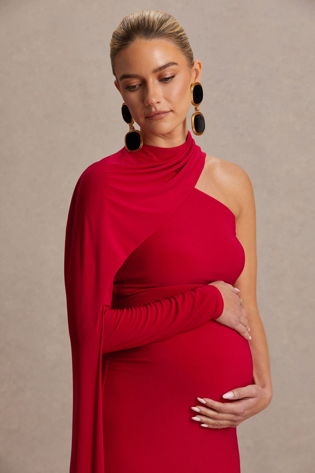 Tessy Red Asymmetric-Neck Maternity Maxi Dress With Cape-Sleeve – second lifestyle photo