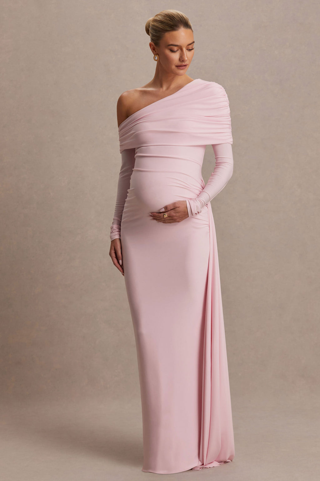 Amara Blush Pink Asymmetric-Neck Maternity Maxi Dress With Sash Detail – front view