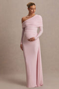 Amara Blush Pink Asymmetric-Neck Maternity Maxi Dress With Sash Detail – front view