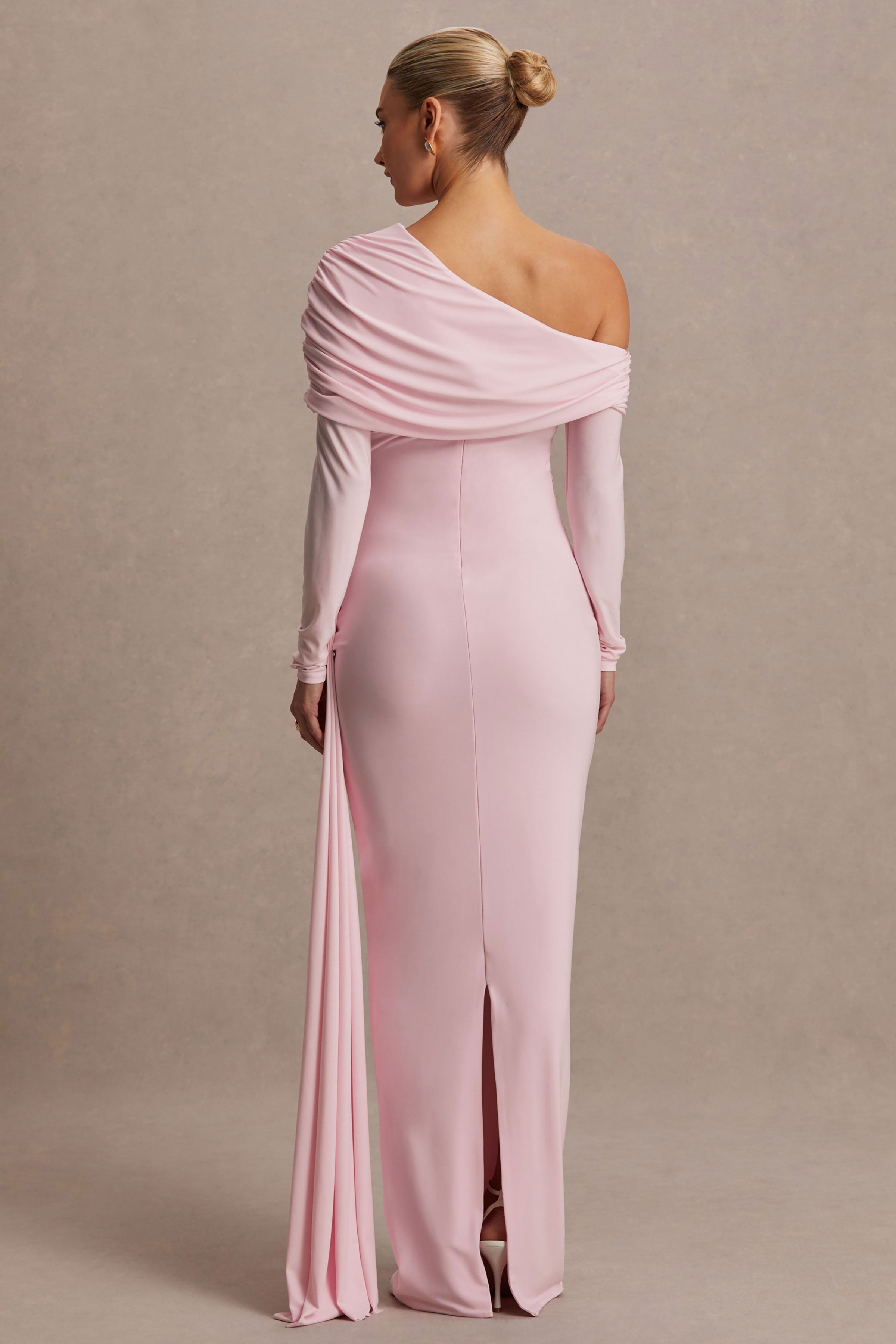 Amara Blush Pink Asymmetric-Neck Maternity Maxi Dress With Sash Detail – lifestyle photo