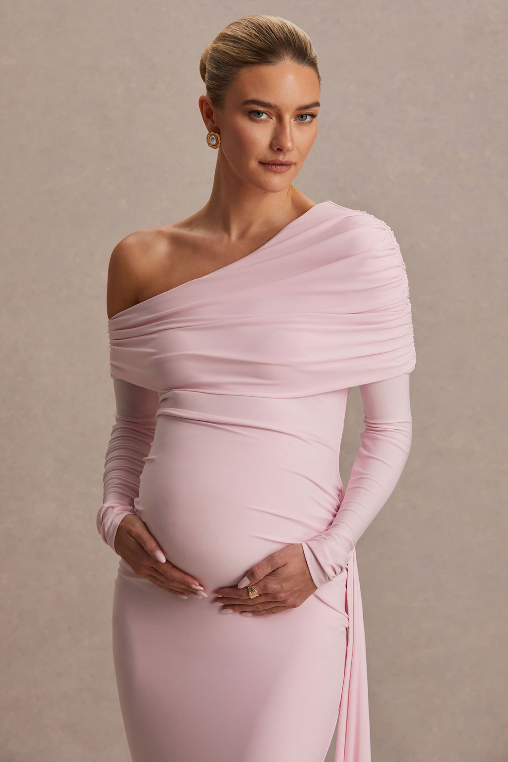 Amara Blush Pink Asymmetric-Neck Maternity Maxi Dress With Sash Detail – detail shot