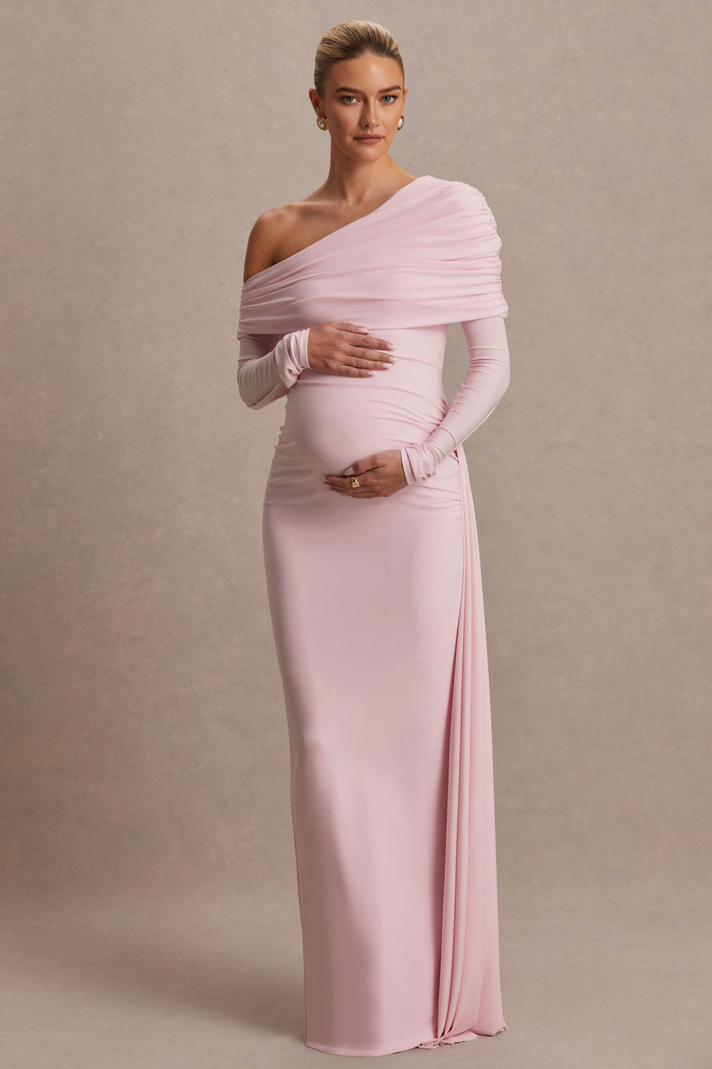 Amara Blush Pink Asymmetric-Neck Maternity Maxi Dress With Sash Detail – side view