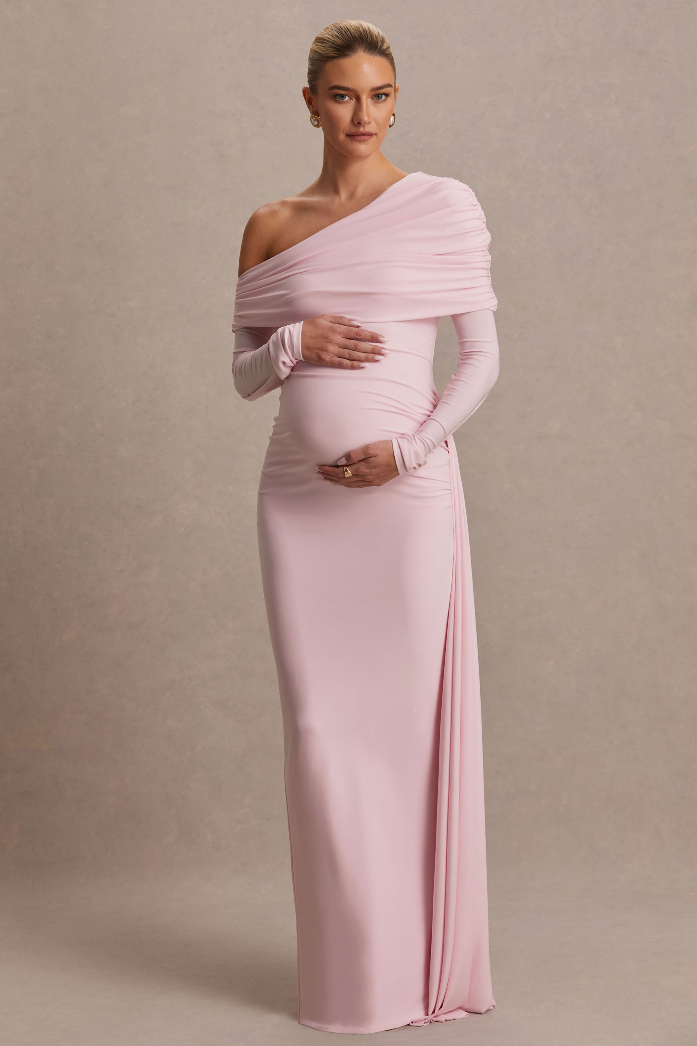 Amara Blush Pink Asymmetric-Neck Maternity Maxi Dress With Sash Detail – side view