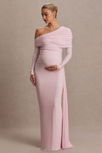 Amara Blush Pink Asymmetric-Neck Maternity Maxi Dress With Sash Detail – back view