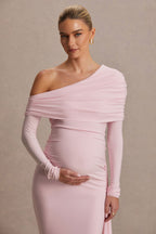 Amara Blush Pink Asymmetric-Neck Maternity Maxi Dress With Sash Detail – second lifestyle photo
