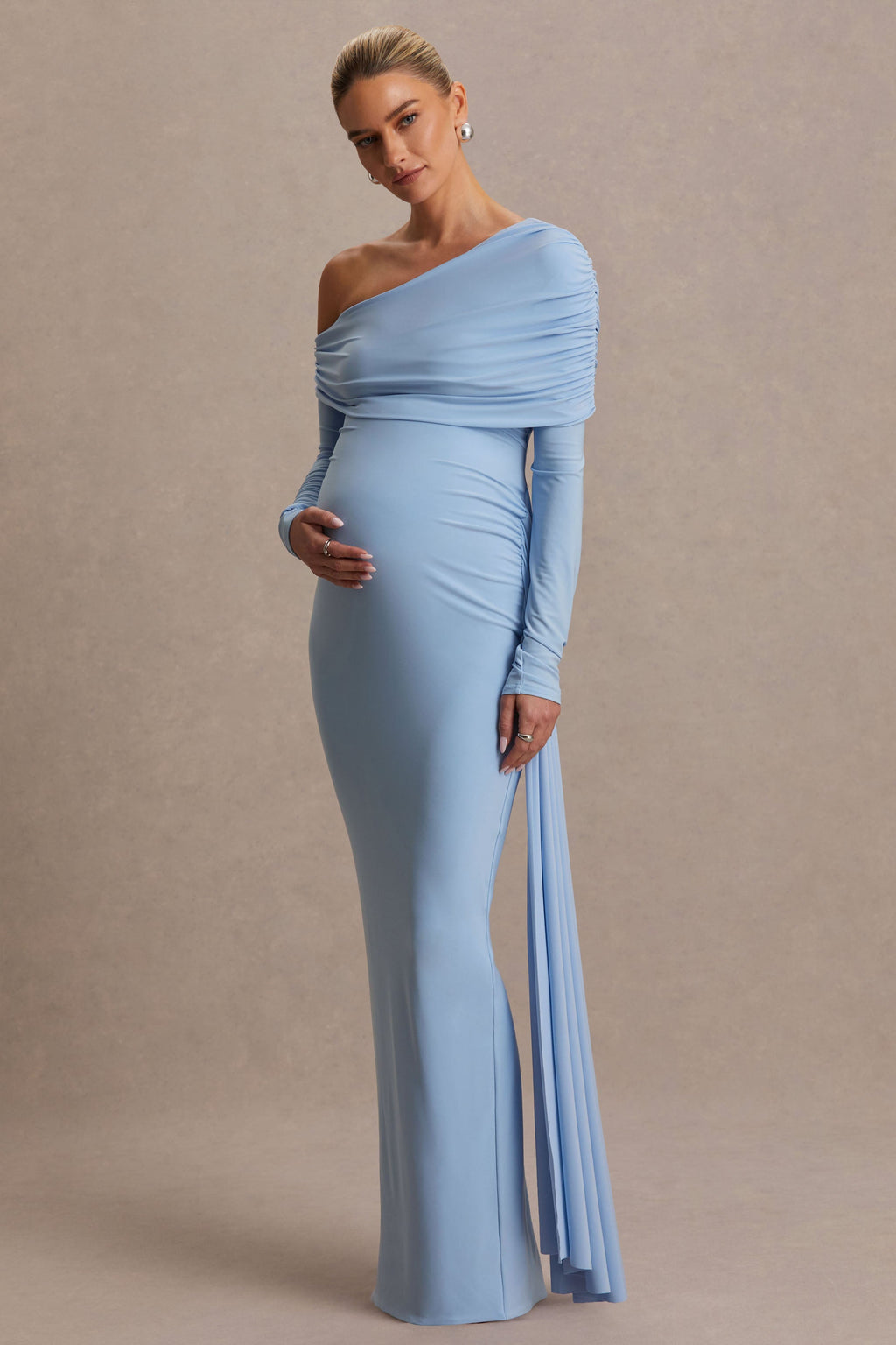 Amara Powder Blue Asymmetric-Neck Maternity Maxi Dress With Sash Detail – front view