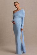 Amara Powder Blue Asymmetric-Neck Maternity Maxi Dress With Sash Detail – front view
