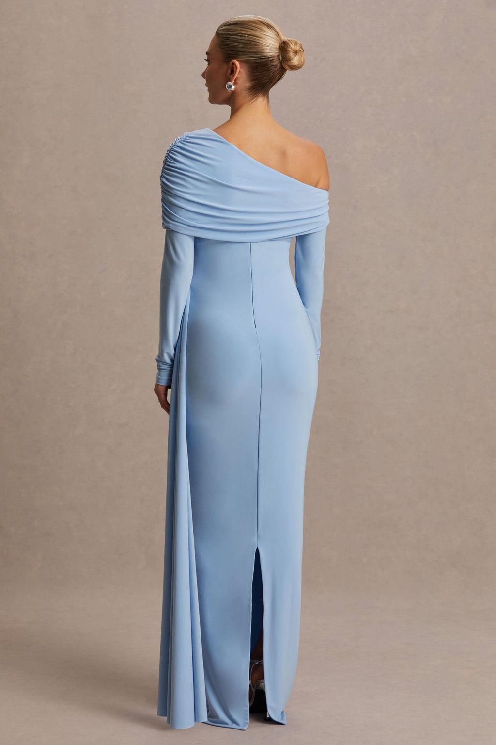 Amara Powder Blue Asymmetric-Neck Maternity Maxi Dress With Sash Detail – lifestyle photo