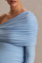 Amara Powder Blue Asymmetric-Neck Maternity Maxi Dress With Sash Detail – detail shot