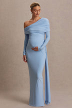 Amara Powder Blue Asymmetric-Neck Maternity Maxi Dress With Sash Detail – side view