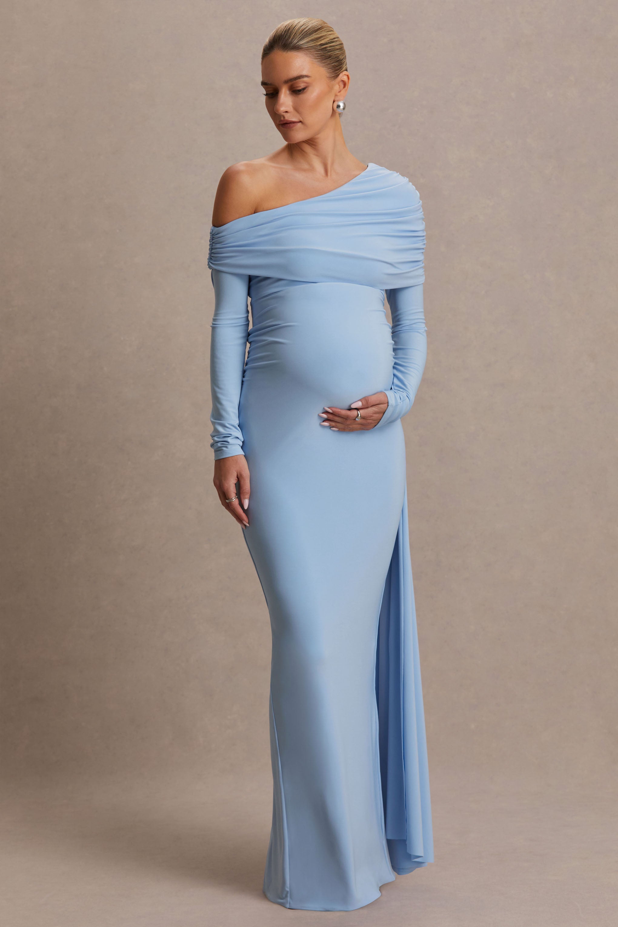 Amara Powder Blue Asymmetric-Neck Maternity Maxi Dress With Sash Detail – back view