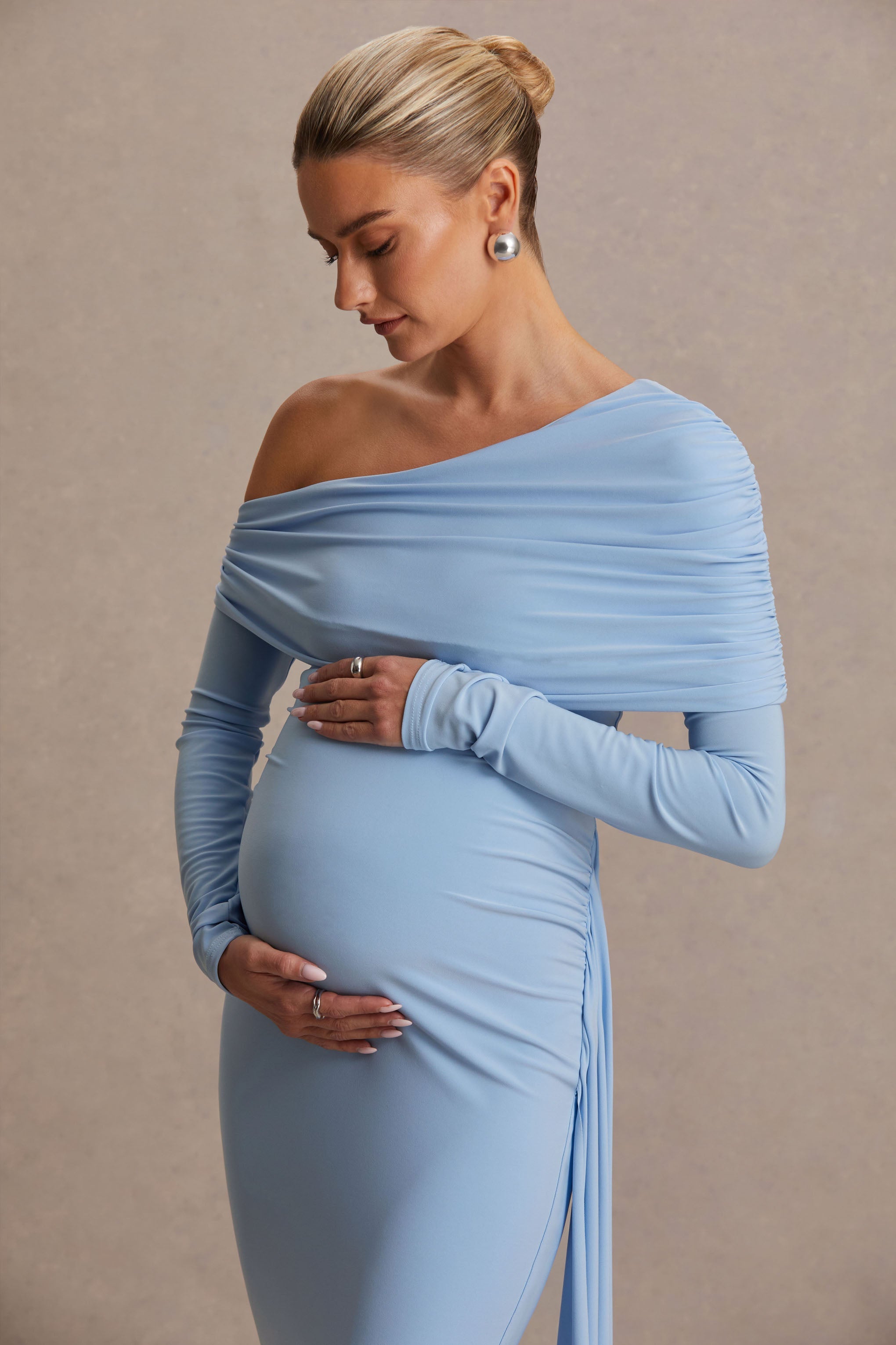 Amara Powder Blue Asymmetric-Neck Maternity Maxi Dress With Sash Detail – second lifestyle photo