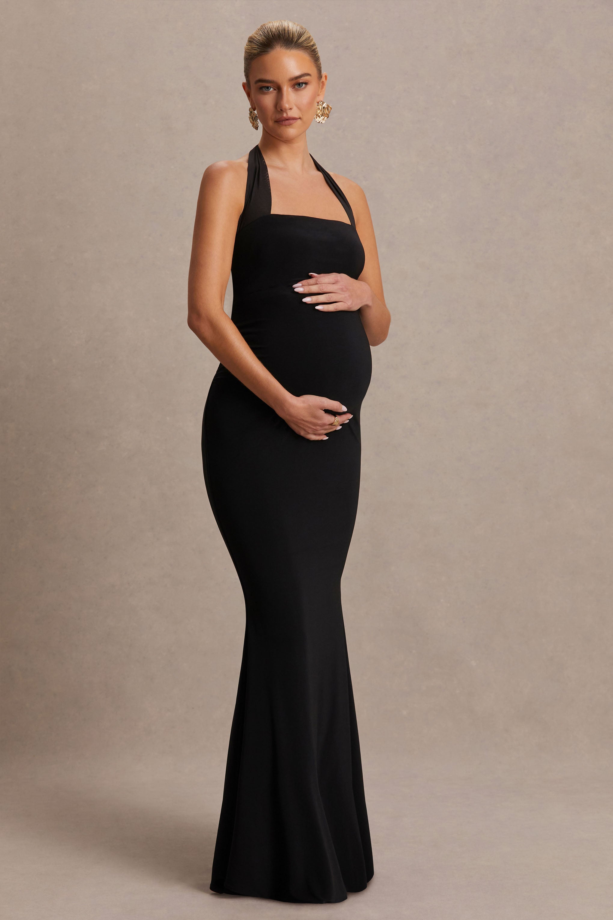 Avielle Black Halter-Neck Maternity Maxi Dress – front view