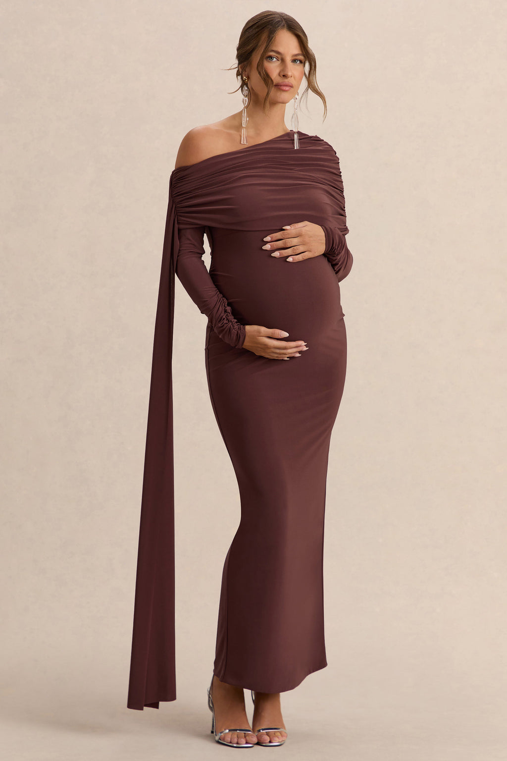 Cyra Brown Asymmetric-Neck Maternity Maxi Dress With Sash – front view