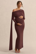 Cyra Brown Asymmetric-Neck Maternity Maxi Dress With Sash – front view