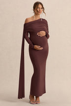 Cyra Brown Asymmetric-Neck Maternity Maxi Dress With Sash – front view