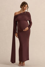 Cyra Brown Asymmetric-Neck Maternity Maxi Dress With Sash – detail shot