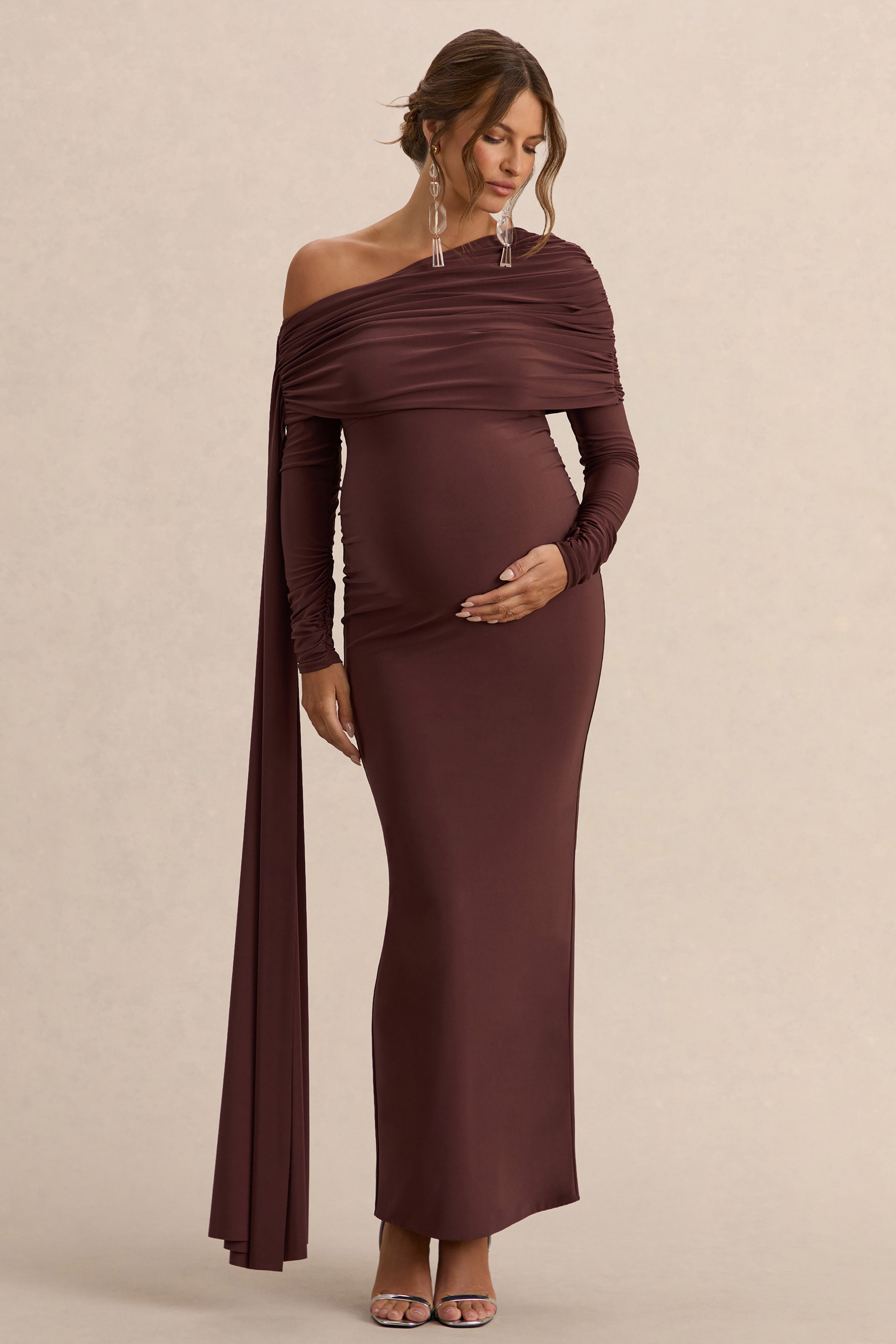 Cyra Brown Asymmetric-Neck Maternity Maxi Dress With Sash – detail shot