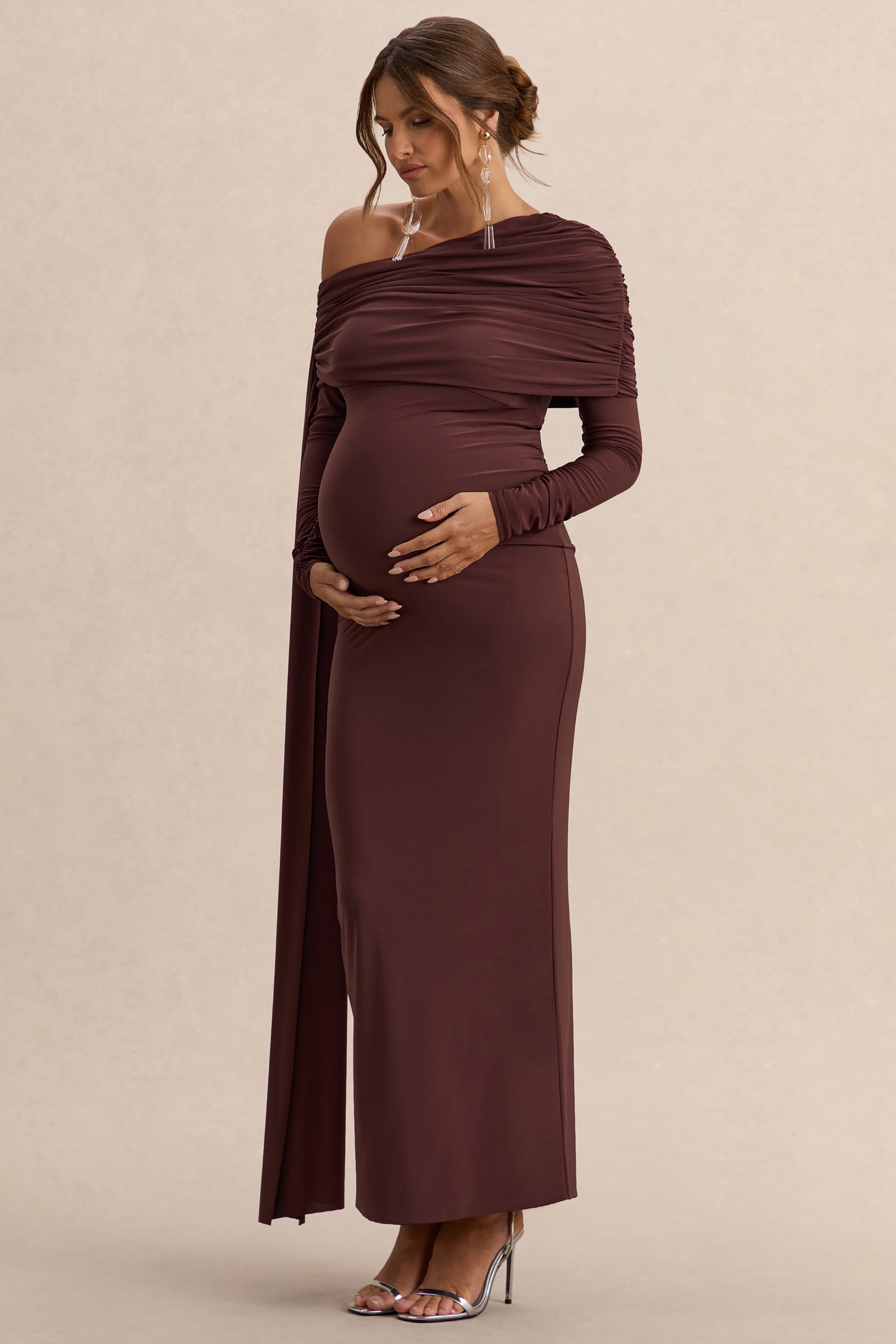 Cyra Brown Asymmetric-Neck Maternity Maxi Dress With Sash – side view