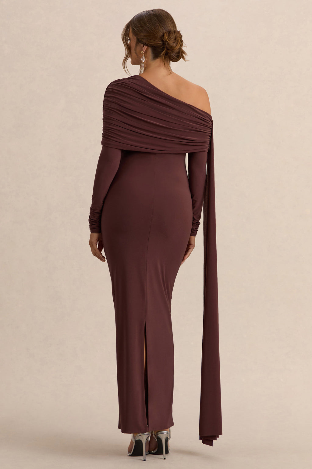 Cyra Brown Asymmetric-Neck Maternity Maxi Dress With Sash – lifestyle photo