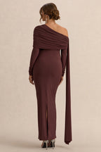 Cyra Brown Asymmetric-Neck Maternity Maxi Dress With Sash – lifestyle photo