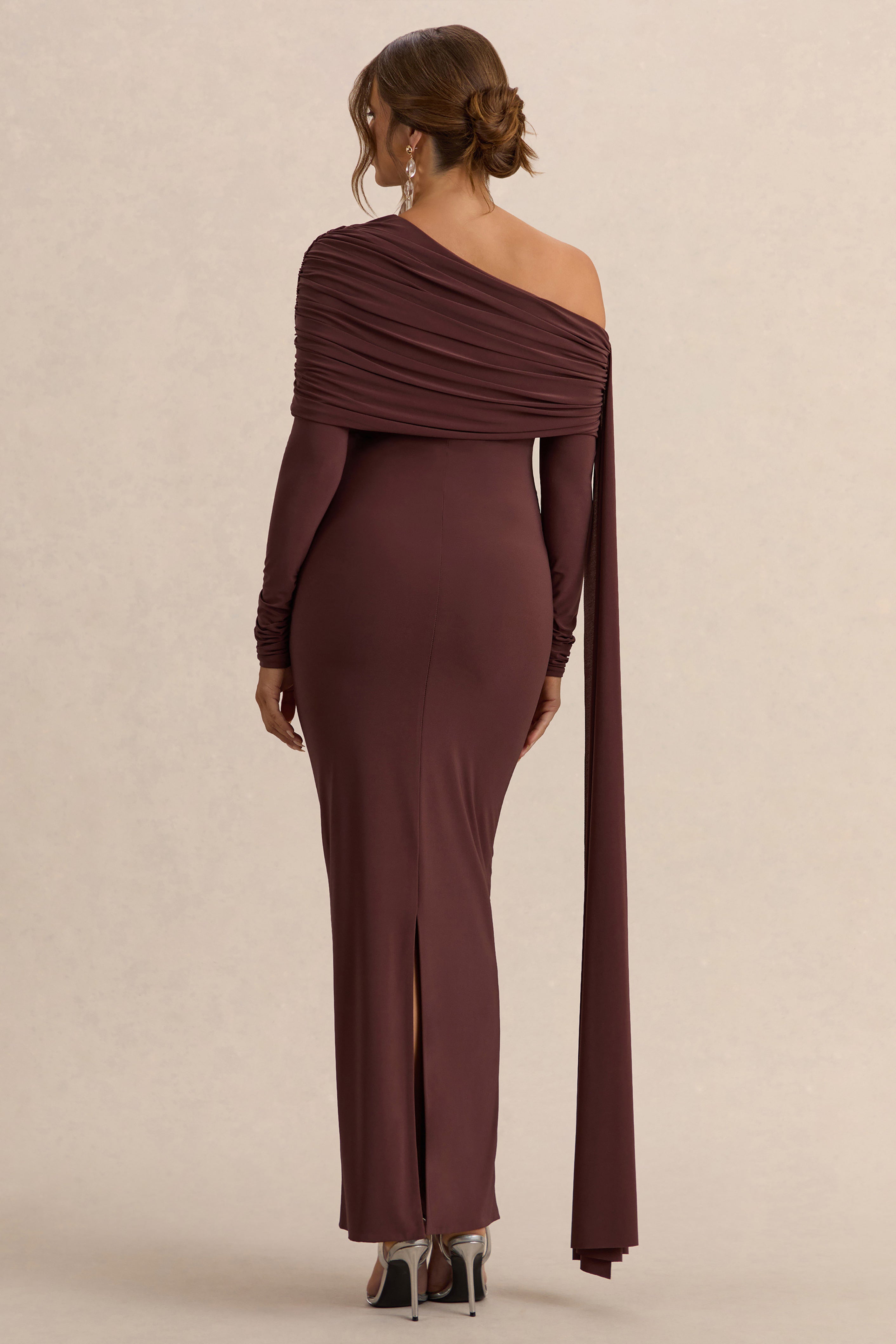 Cyra Brown Asymmetric-Neck Maternity Maxi Dress With Sash – lifestyle photo