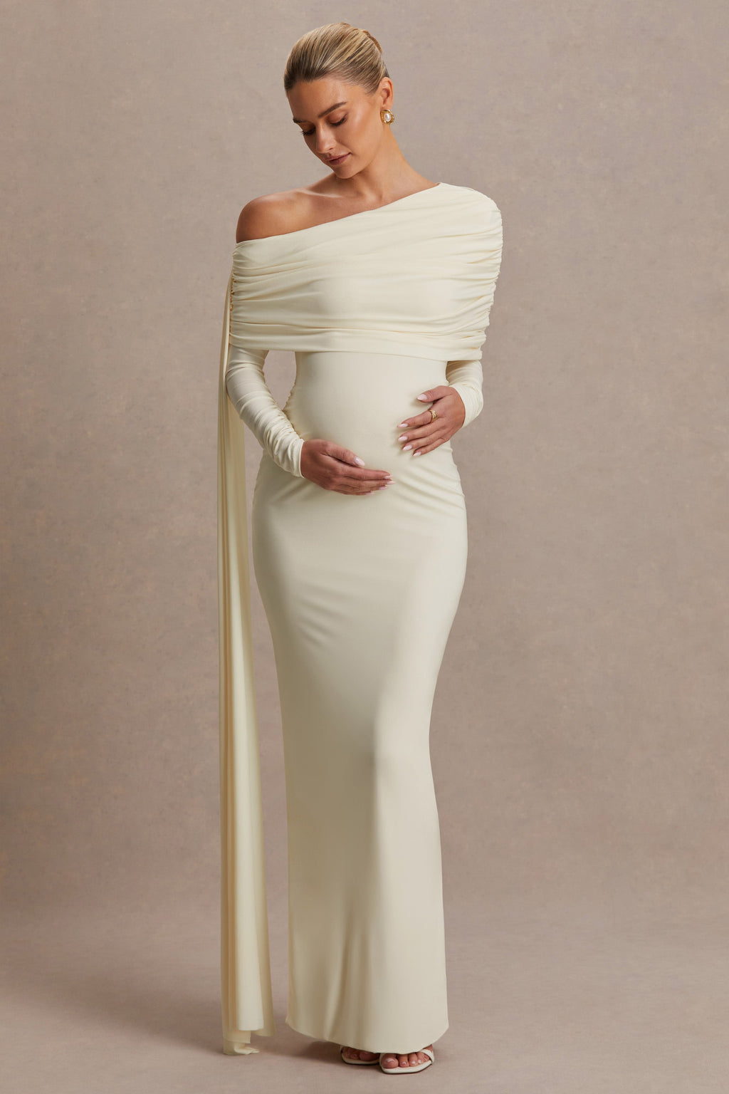 Cyra Cream Asymmetric-Neck Maternity Maxi Dress With Sash – front view