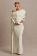 Cyra Cream Asymmetric-Neck Maternity Maxi Dress With Sash – front view