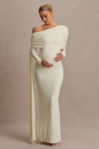 Cyra Cream Asymmetric-Neck Maternity Maxi Dress With Sash – front view