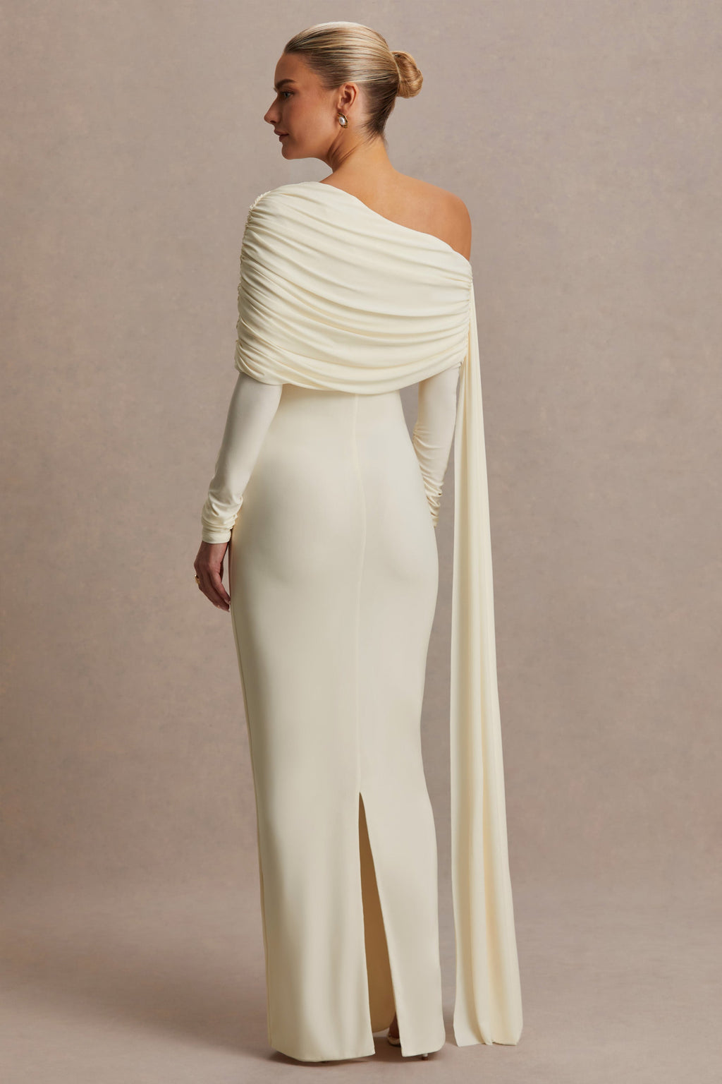 Cyra Cream Asymmetric-Neck Maternity Maxi Dress With Sash – lifestyle photo