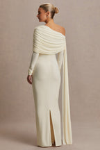 Cyra Cream Asymmetric-Neck Maternity Maxi Dress With Sash – lifestyle photo