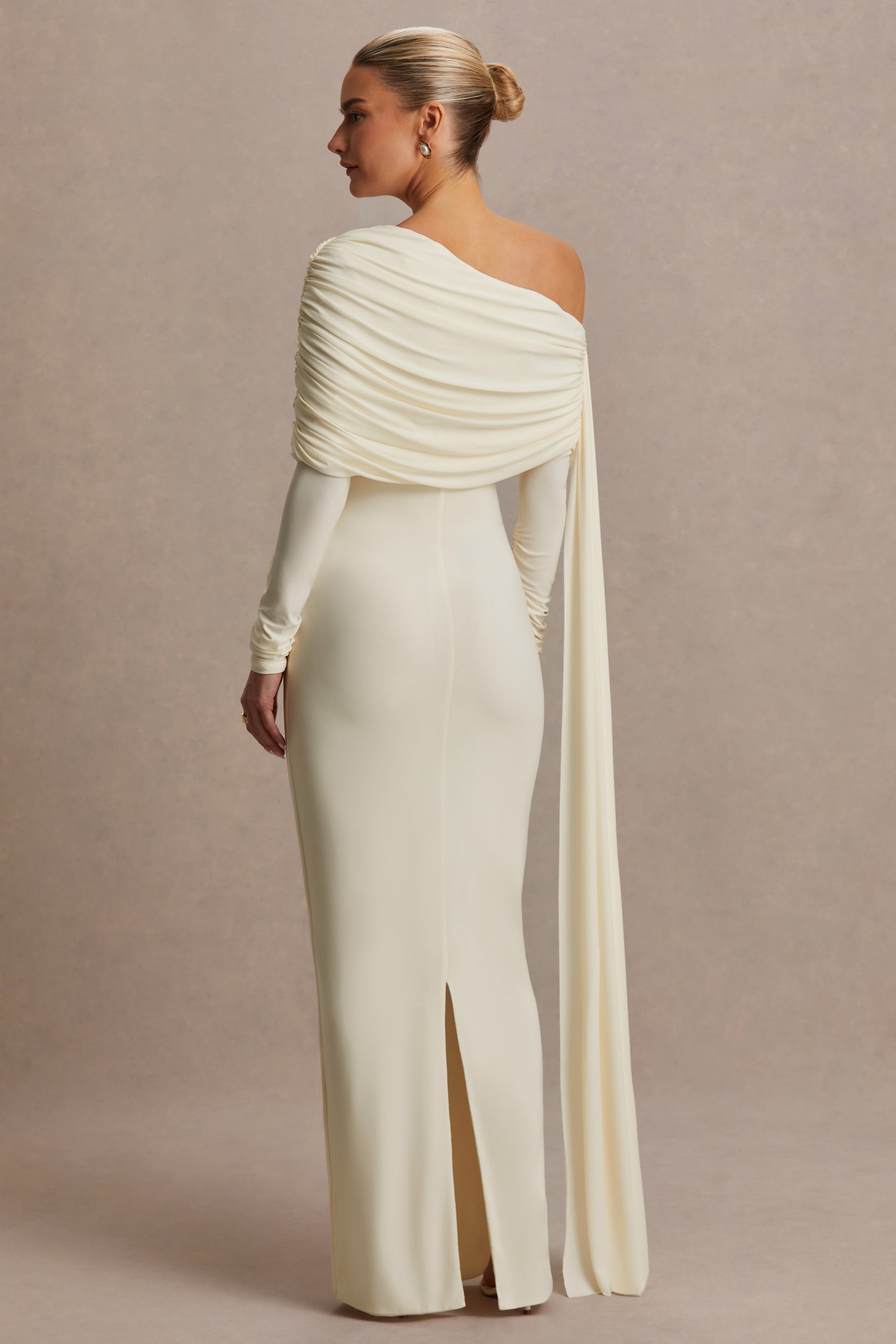 Cyra Cream Asymmetric-Neck Maternity Maxi Dress With Sash – lifestyle photo
