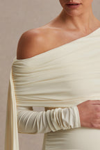 Cyra Cream Asymmetric-Neck Maternity Maxi Dress With Sash – detail shot