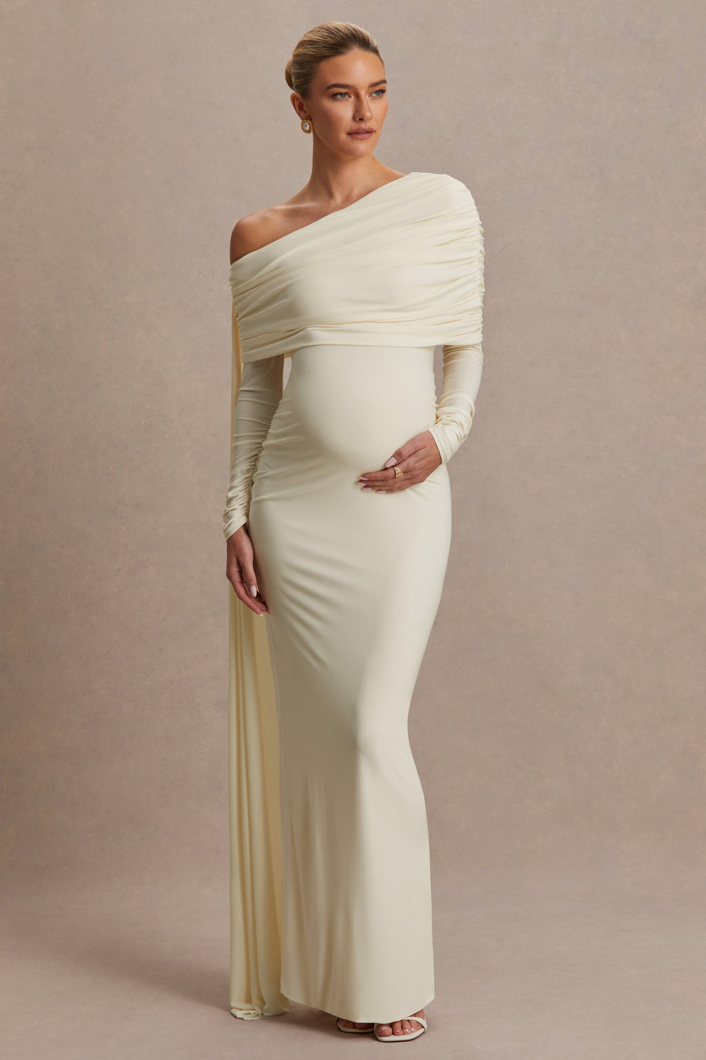 Cyra Cream Asymmetric-Neck Maternity Maxi Dress With Sash – side view