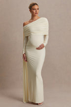 Cyra Cream Asymmetric-Neck Maternity Maxi Dress With Sash – side view