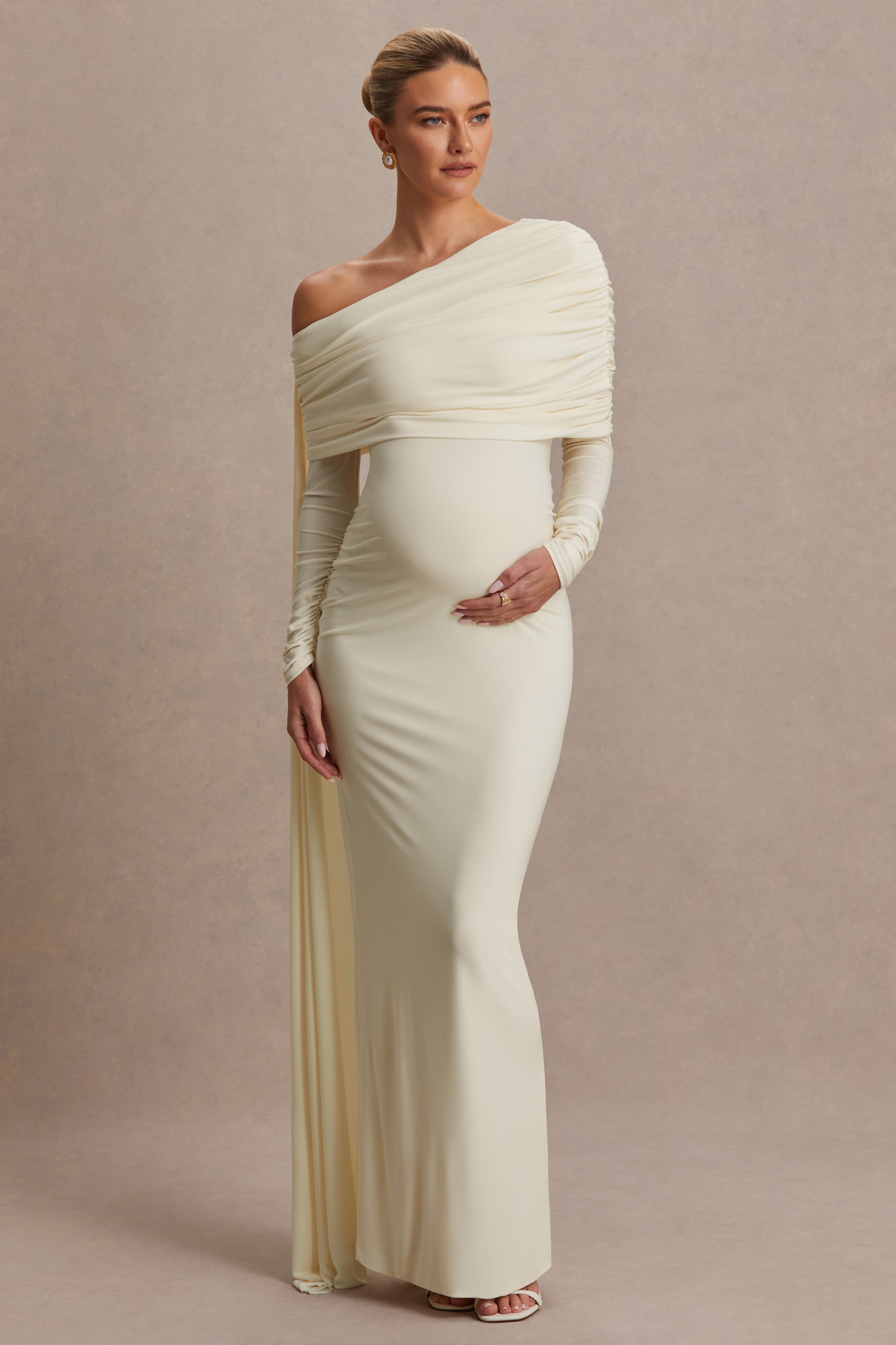 Cyra Cream Asymmetric-Neck Maternity Maxi Dress With Sash – side view