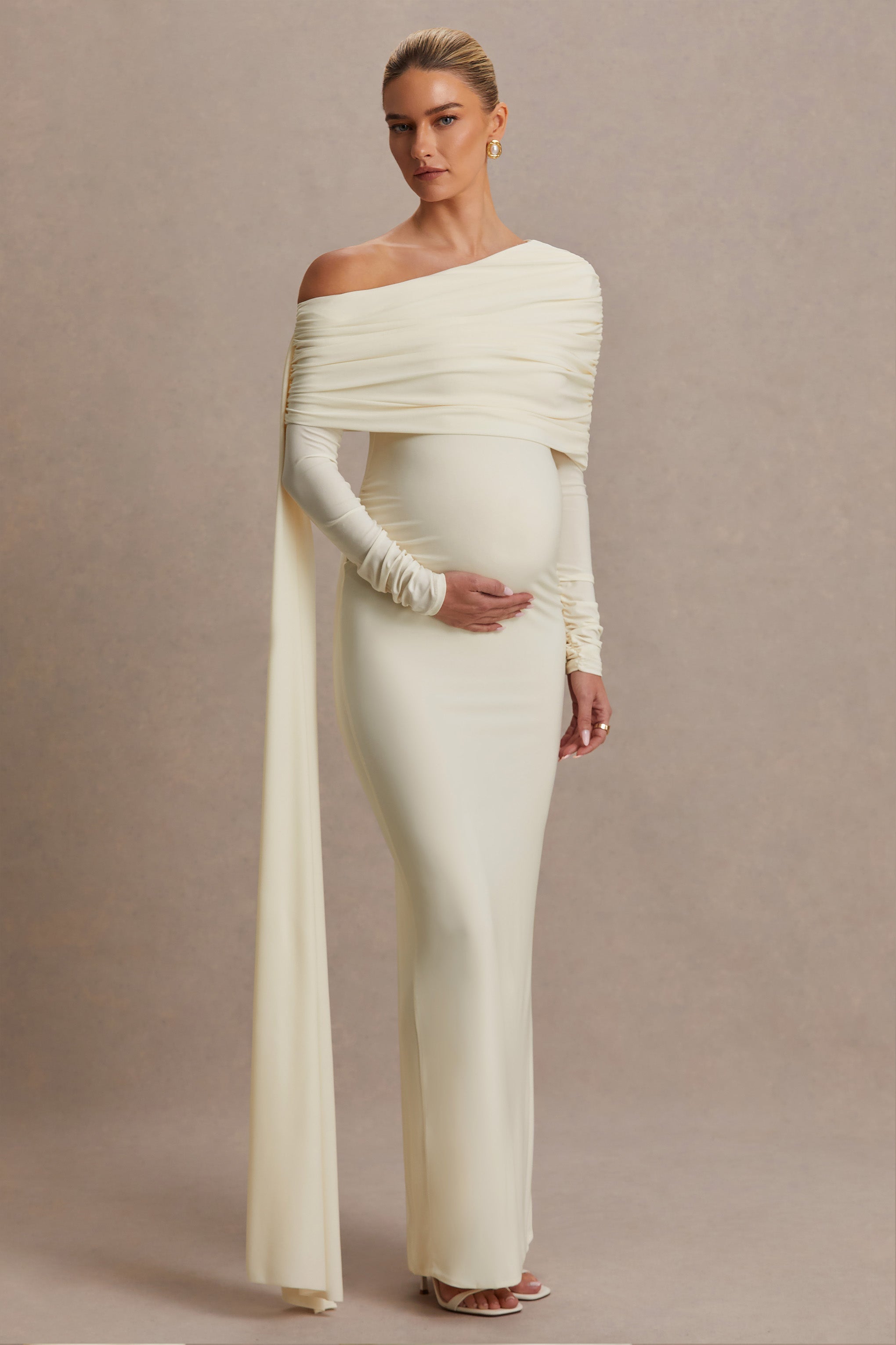 Cyra Cream Asymmetric-Neck Maternity Maxi Dress With Sash – back view