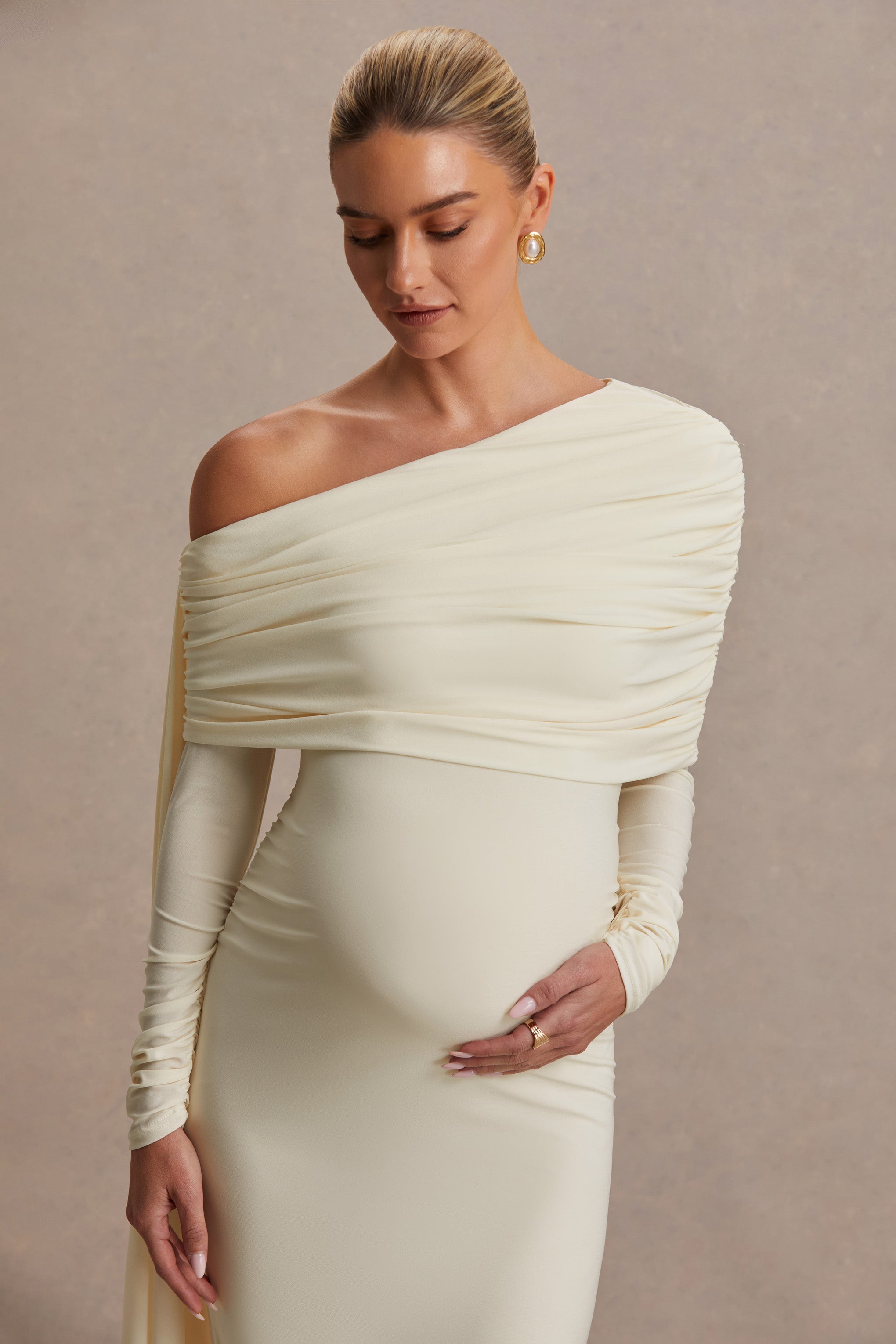 Cyra Cream Asymmetric-Neck Maternity Maxi Dress With Sash – second lifestyle photo