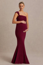 Driftly | Mila Burgundy Asymmetric-Neck Maternity Maxi Dress