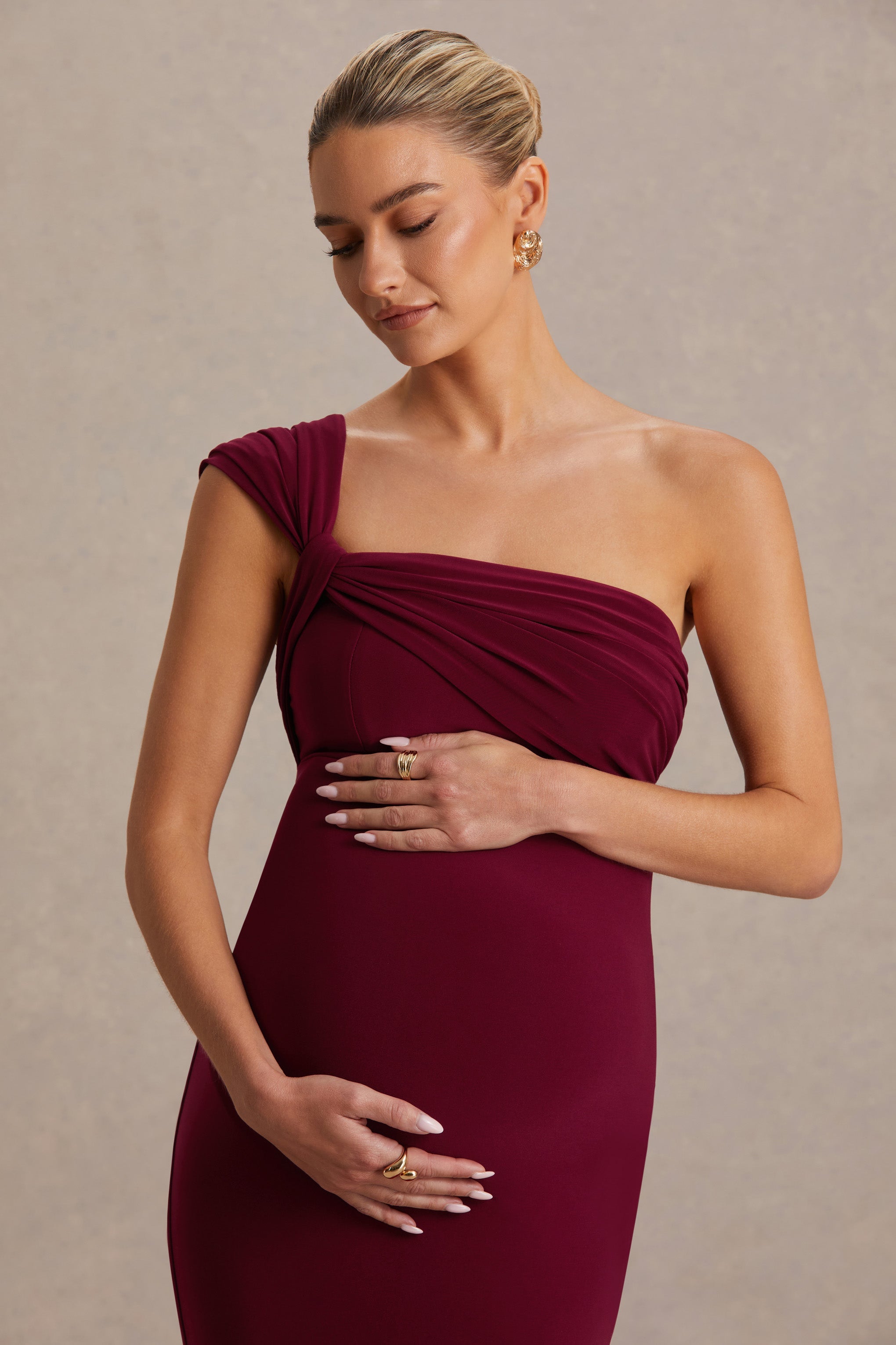 Driftly | Mila Burgundy Asymmetric-Neck Maternity Maxi Dress