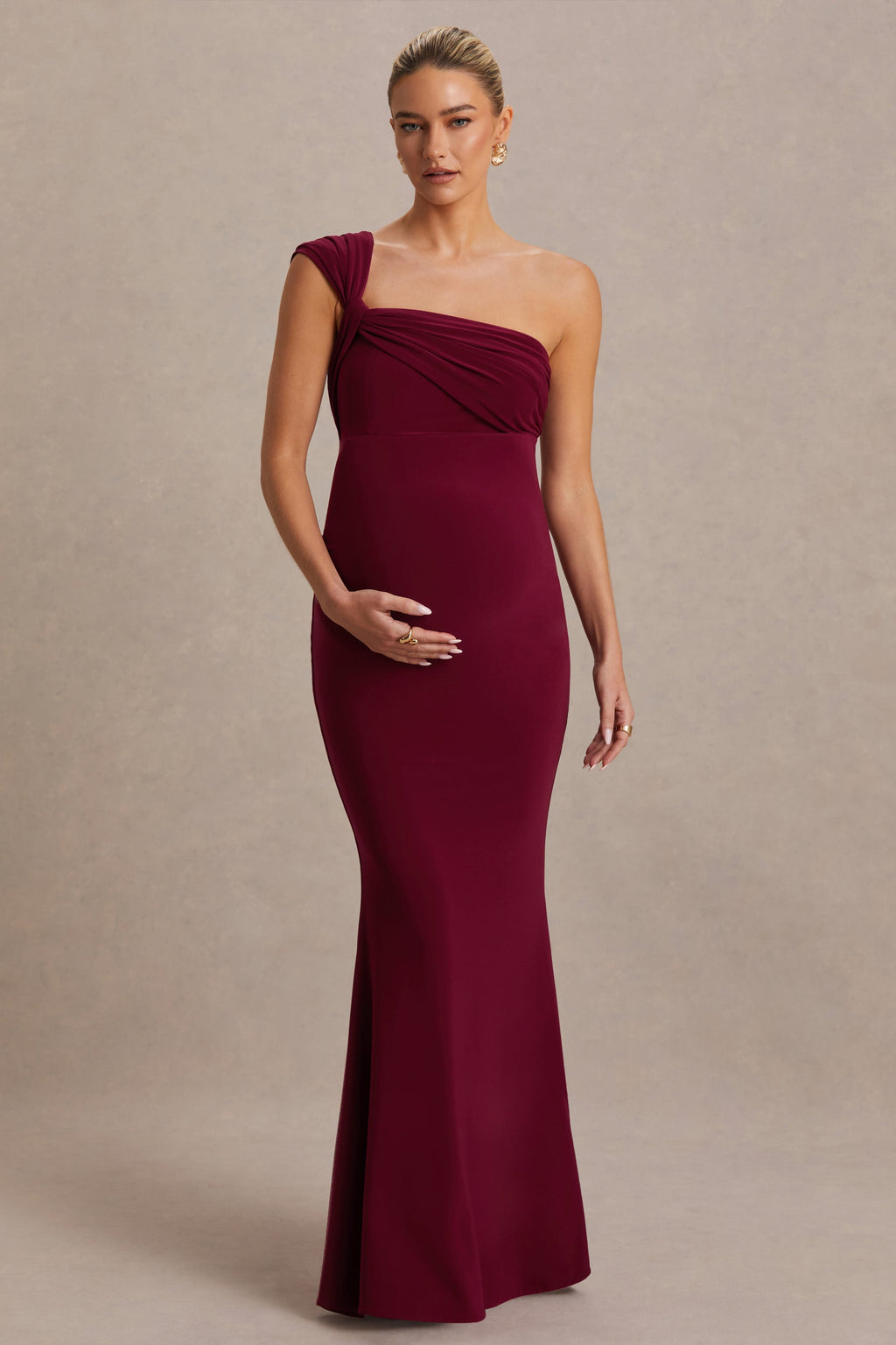Driftly | Mila Burgundy Asymmetric-Neck Maternity Maxi Dress