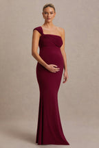 Driftly | Mila Burgundy Asymmetric-Neck Maternity Maxi Dress