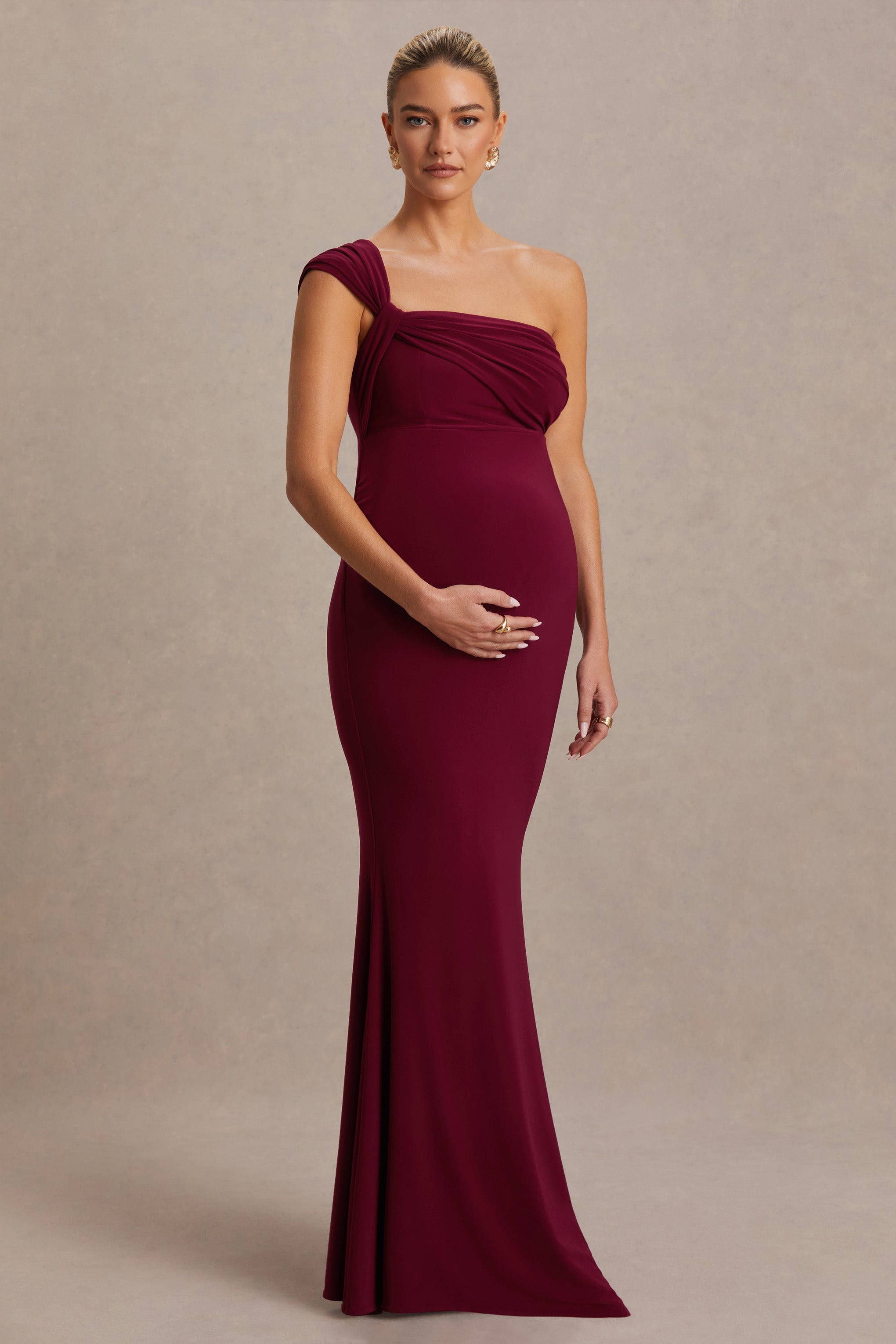 Driftly | Mila Burgundy Asymmetric-Neck Maternity Maxi Dress
